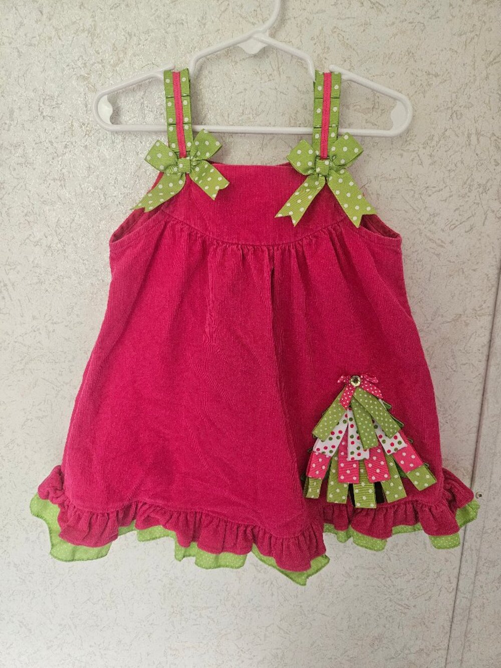 Rare Editions Girls 3T Pink Green Christmas Tree Holiday Dress Corduroy